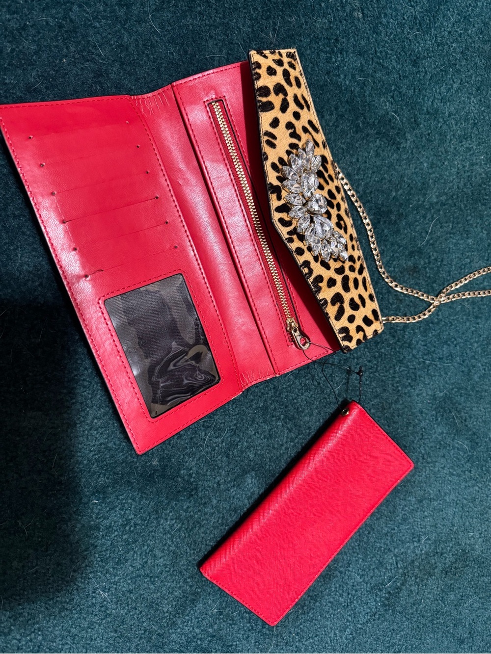 Dune London Red and Leopard Crystal-Embellished Envelope Clutch - Picture 5 of 7